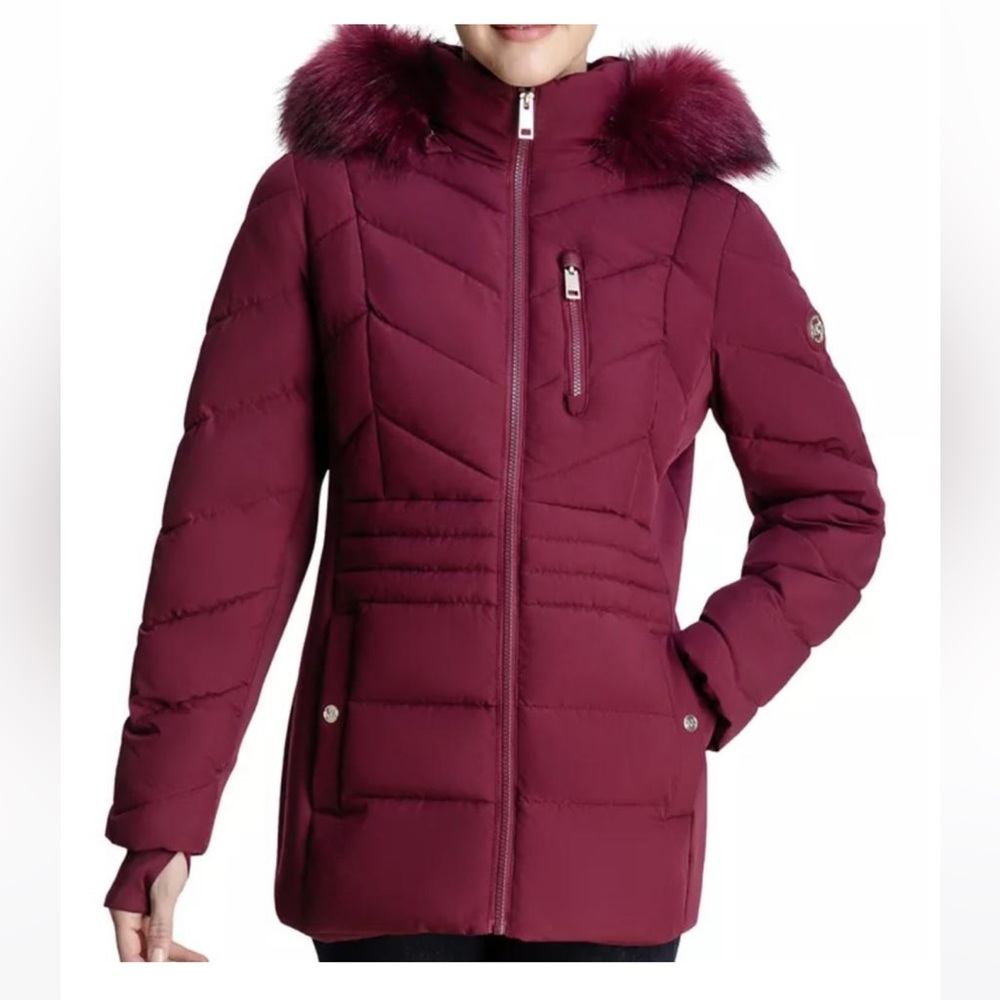 NWT Michael Kors Faux Fur Puffer Coat in Wine 1X